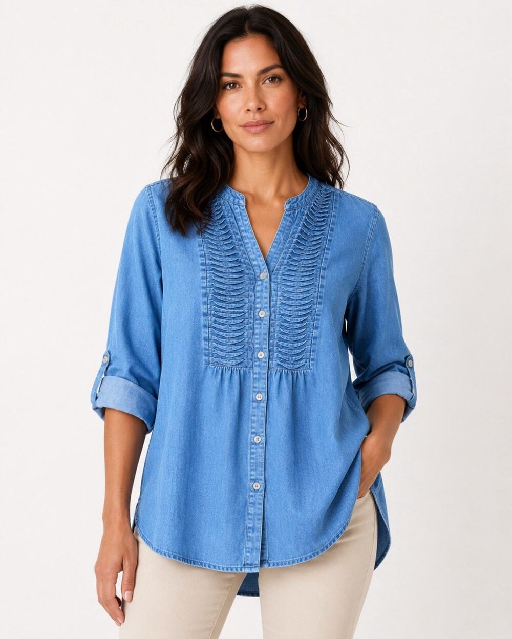 Boho Lane Bryant Women's Plus Size Chambray Tunic Top 18/20P Pintuck Denim Blue